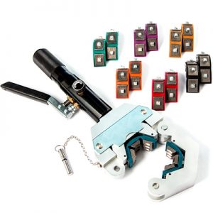 The tool includes four sets of dies for barrier ac hose. The crimping tool has a base that can be mounted to a bench for easy use,or the base can be held by any vise (7)